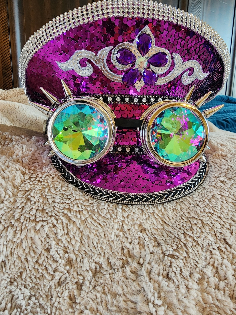 Sequin Purple Festival Military Style Hat with Iridescent Goggles